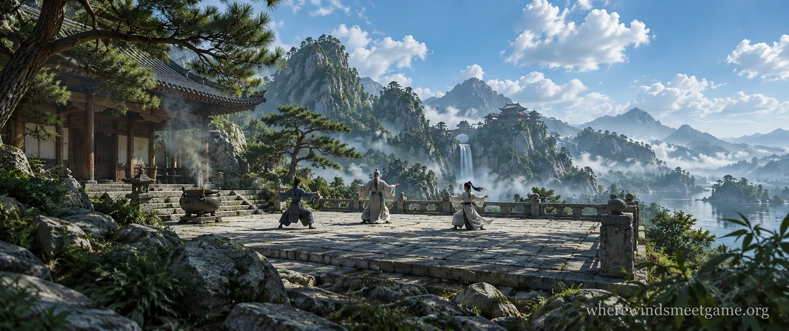 Illustration of a stone courtyard of a mountain school where three figures hold slow stances beside a hall with incense smoke, with pines, a waterfall and misty peaks behind