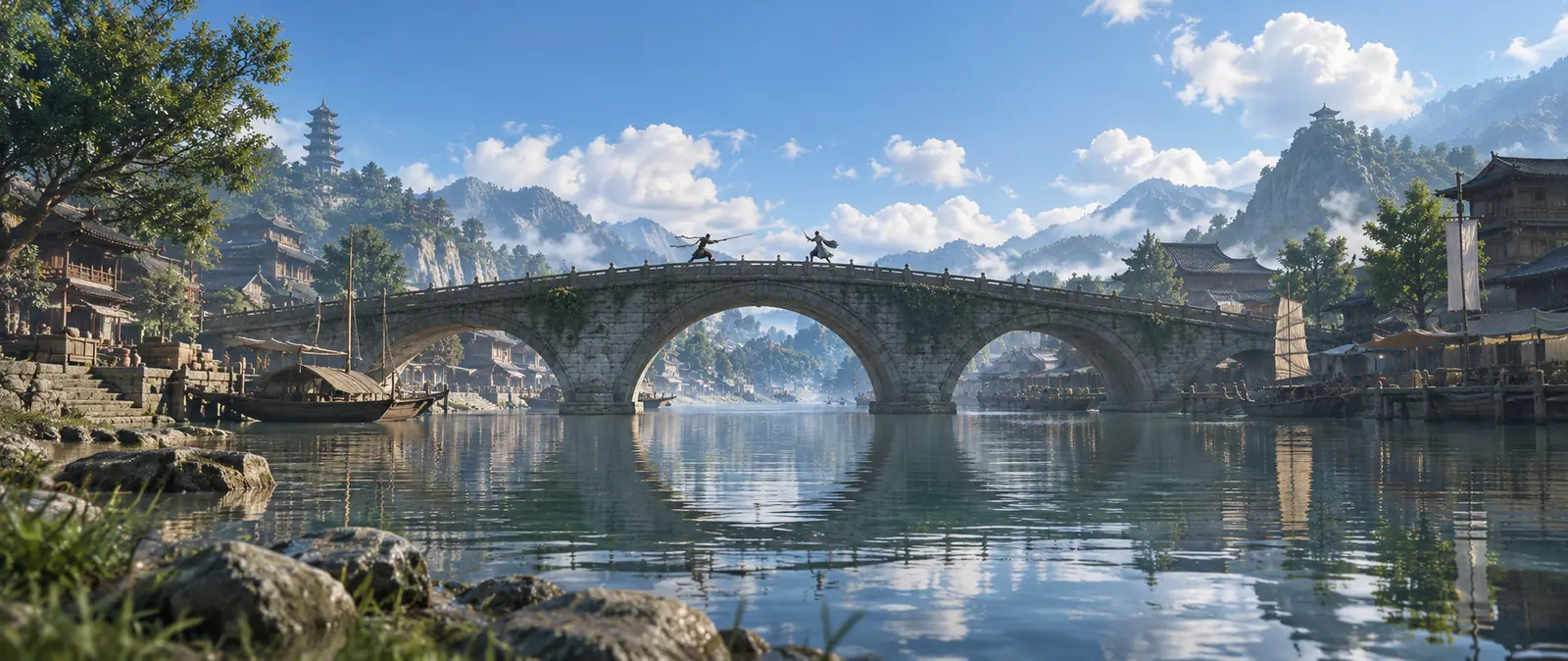 Illustration of two small fighters facing each other on a long arched stone bridge over a wide river, with town buildings on both banks, a pagoda and mountains behind