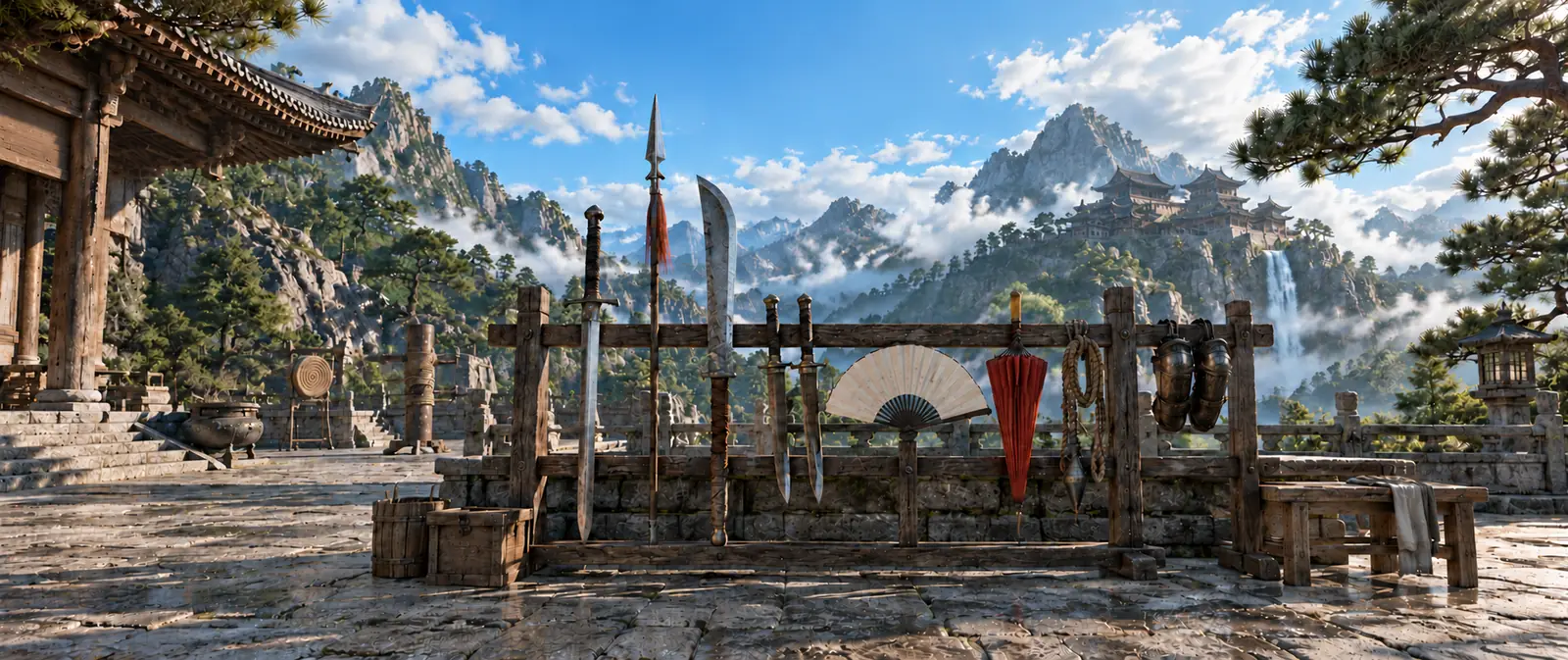 Illustration of a stone training courtyard of a mountain martial arts hall, with a weathered wooden weapon rack holding swords, a spear, a broad blade, a folding fan, a red oil-paper umbrella, a coiled rope dart and iron gauntlets, and pines and misty peaks behind