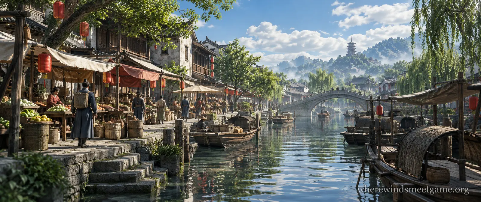 Illustration of a busy market street along a canal with fruit and vegetable stalls, red lanterns, small crowds, moored boats and a stone arch bridge, with a pagoda on a green hill behind