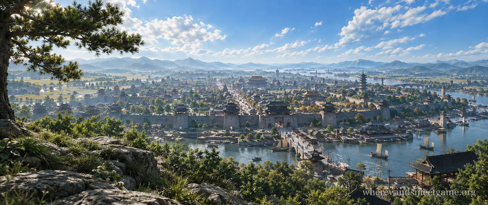 Illustration of a large walled city seen from a wooded hilltop in daylight, with a long main avenue, gate towers, a pagoda, a stone bridge and sailing boats on the river