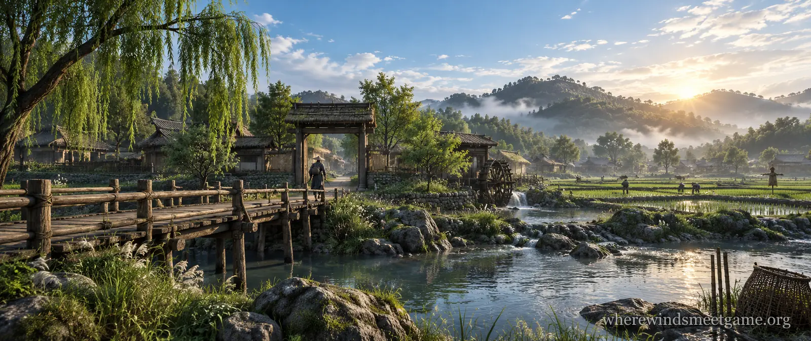 Illustration of a riverside village at sunrise with a wooden footbridge, a village gate, a water wheel, willow trees and rice fields, and a small figure walking toward the gate