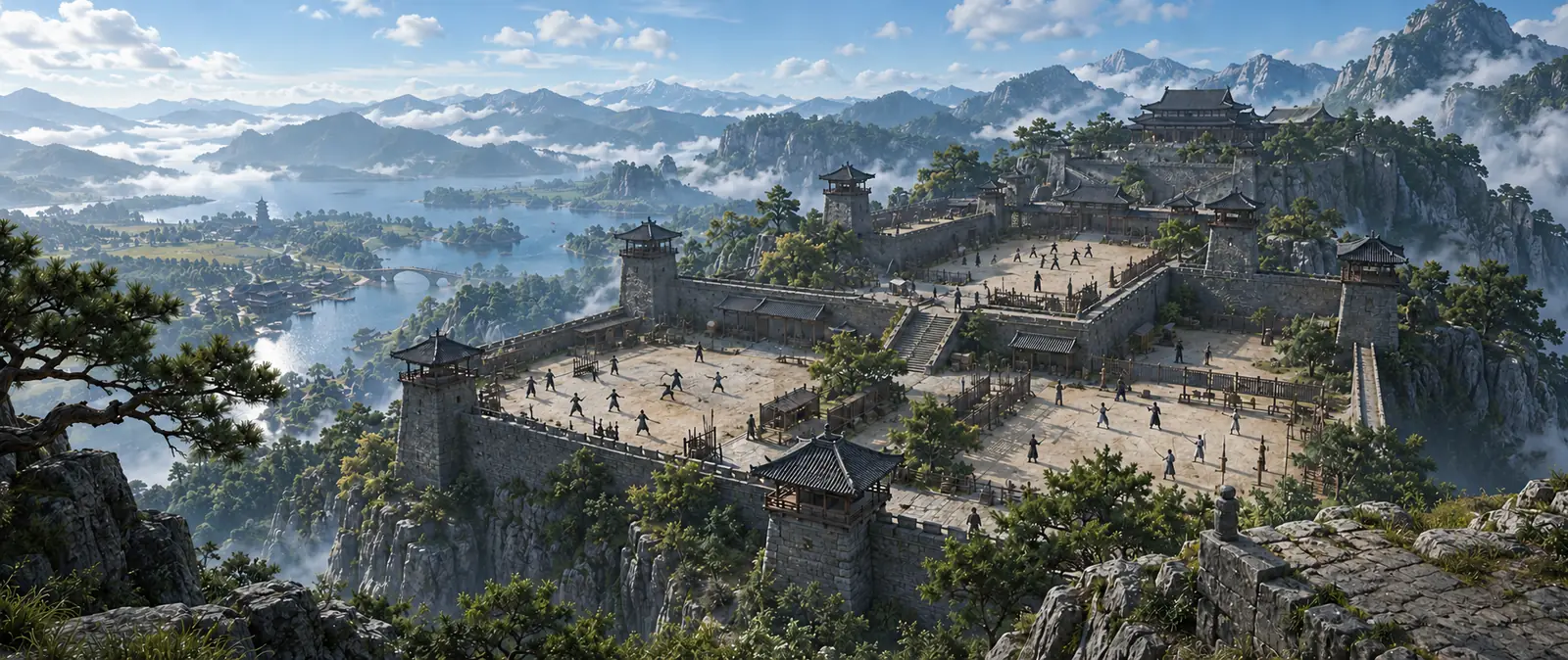 Illustration of a stone fortress on a mountain plateau seen from above, with groups of small fighters training in its yards, watchtowers on the walls, and lakes and misty peaks beyond