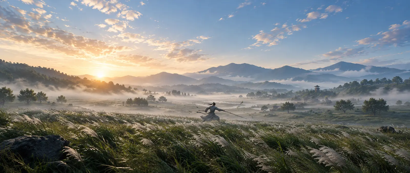 Illustration of a lone spear fighter seen from a distance in a sweeping stance on a misty grassland at dawn, with long grass blowing and mountains behind