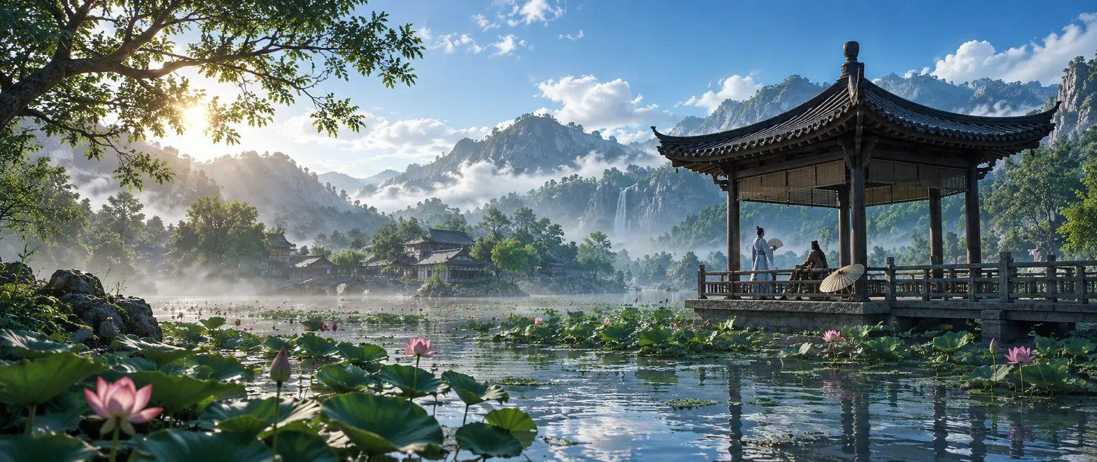Illustration of a lotus pond with a wooden pavilion in soft morning light, where a healer in pale robes sits with a resting traveler, and misty mountains behind