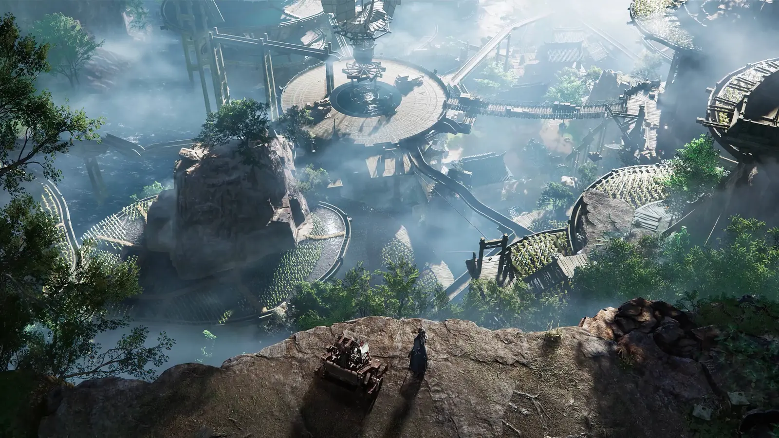 Where Winds Meet screenshot: from a rocky cliff, a small figure looks down on a misty city of round platforms, wooden walkways and towers among green trees
