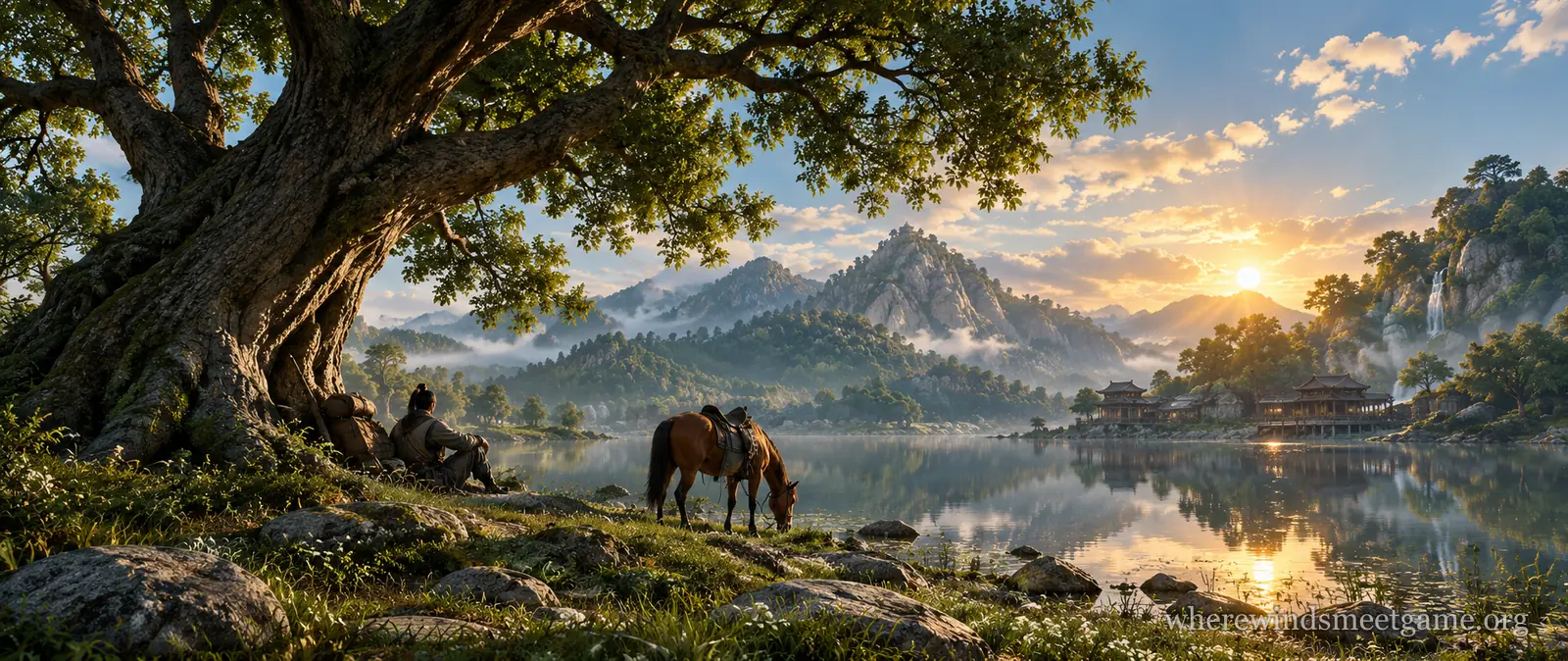 Illustration of a traveler resting under a huge old tree on the shore of a calm mountain lake at golden hour, with a horse grazing nearby and the sunset reflected in the water