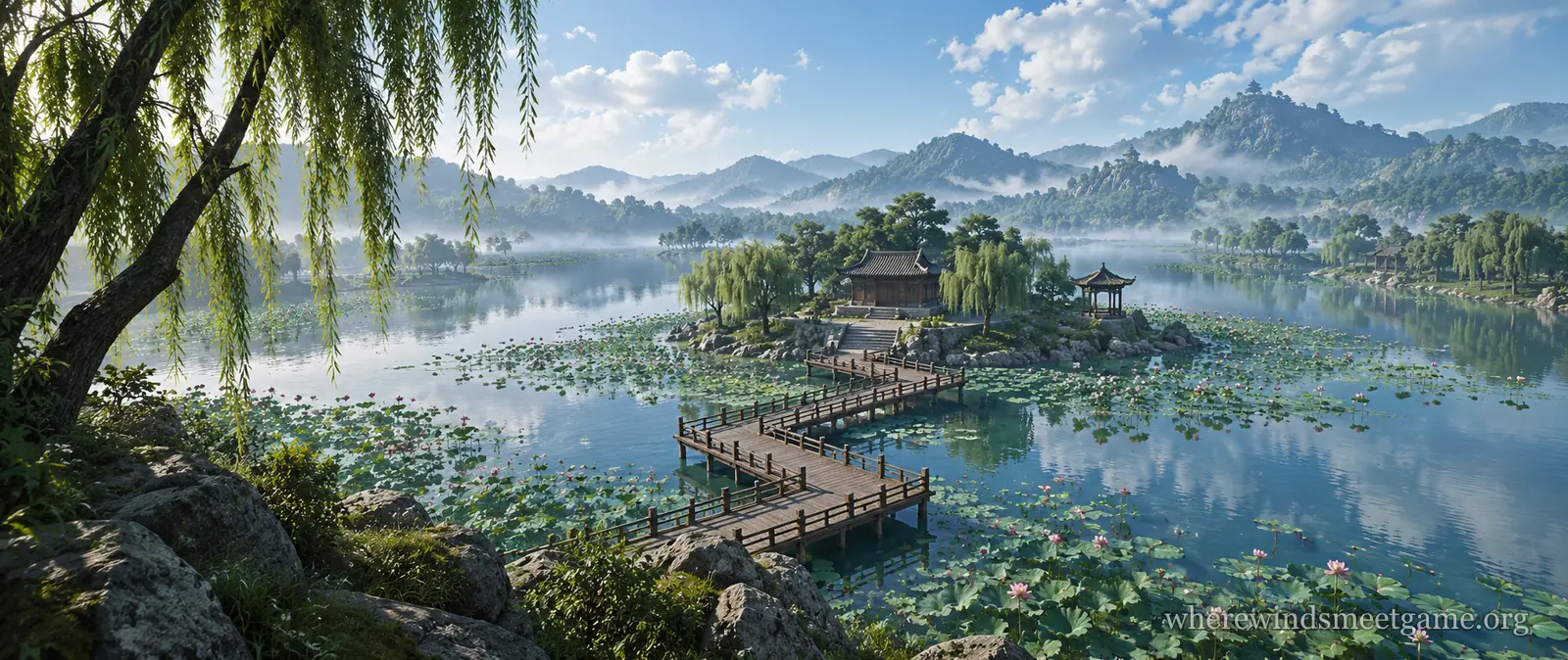Illustration of a lotus-covered lake with a small island temple reached by a zigzag wooden bridge, willows on the shore and misty hills behind