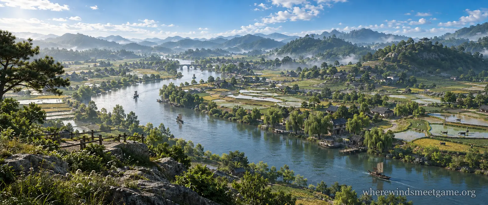 Illustration of green countryside in morning light seen from a rocky hill, with a winding river, rice fields, small villages among the trees and low mountains behind