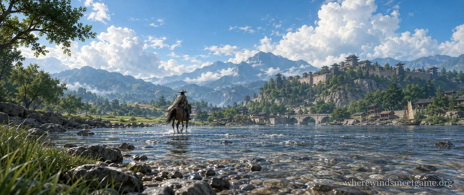 Illustration of a rider crossing a wide shallow river seen from a distance, with forests, a walled town on a hill and far mountains under big white clouds
