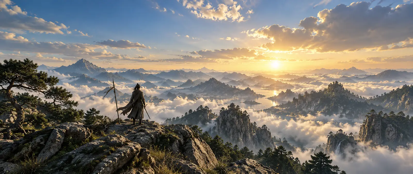 Illustration of a lone swordsman seen from behind on a rocky ridge as the sun sits low, with a spear planted beside him above a sea of clouds and distant peaks