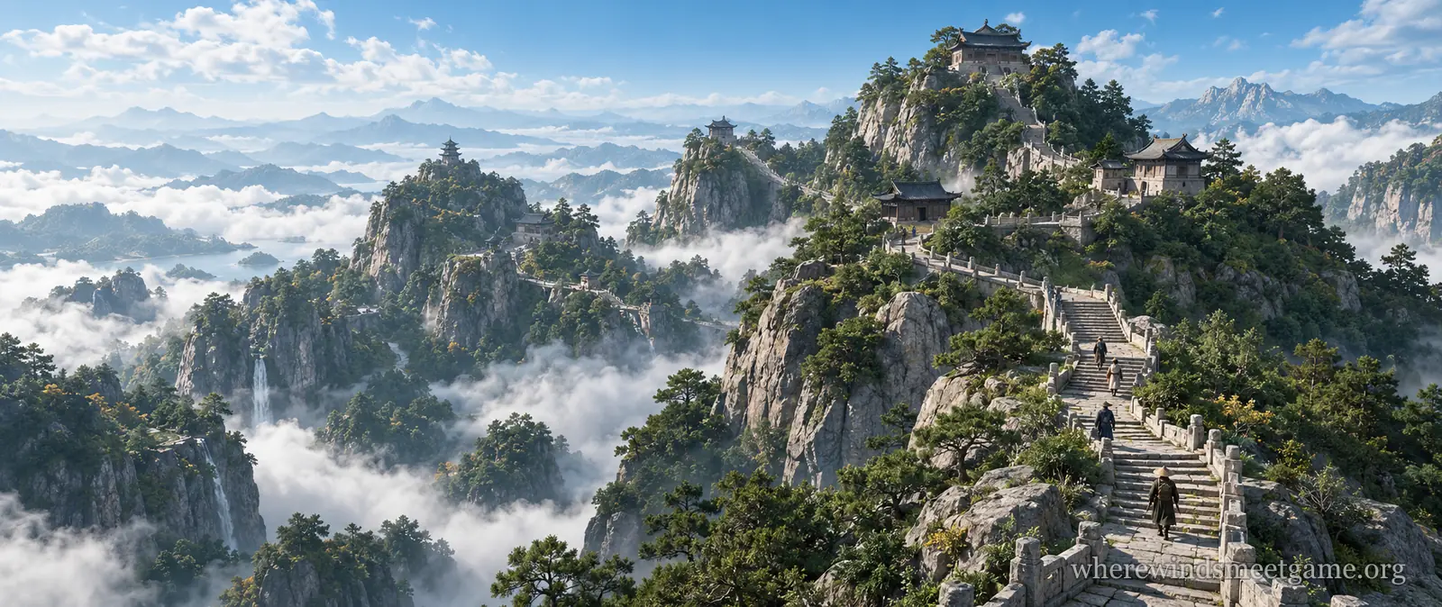 Illustration of a long stone stairway winding up a green mountain to temples on the peaks, with a few small travelers climbing and clouds filling the valleys below