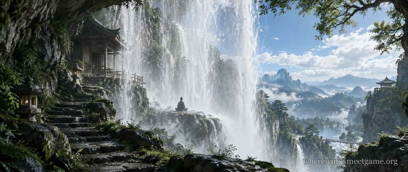 Illustration of a small shrine on a rock ledge beside a tall waterfall, with stone steps and lanterns, a small figure meditating on a rock in the spray and green cliffs around